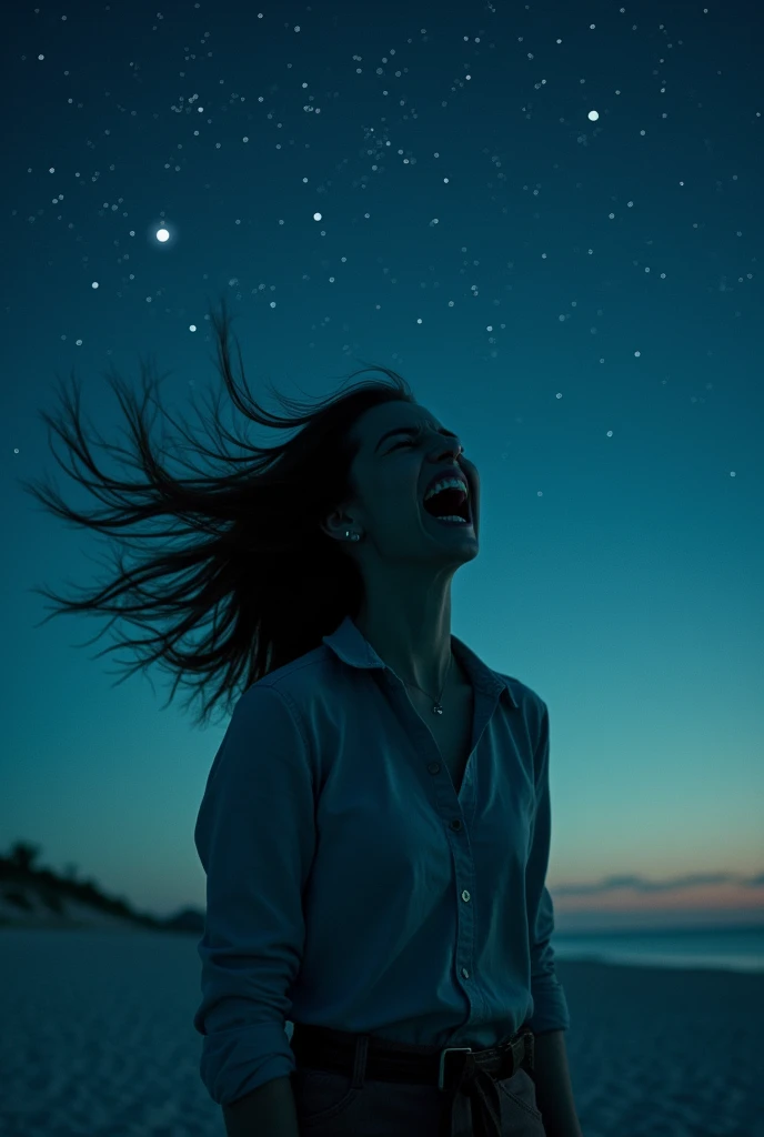 A woman screaming in pain on the beach with a starry sky 