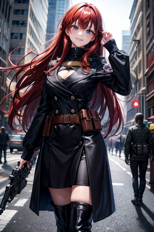 black eye.smile, Inner Color,, Long Hair, chest, Redhead, ,cute,Rifles,Aiming.Black long coat,Long Boots Woman Highway at night