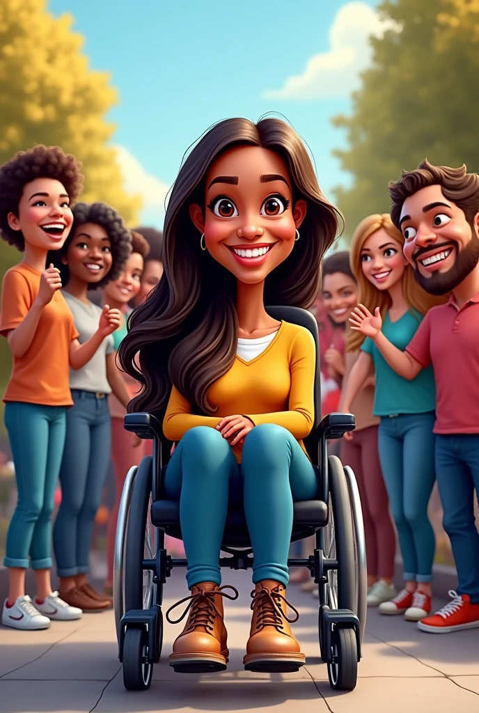 I am a wheelchair user, brown skin, brown eyes and long highlighted hair and I am a candidate for councilor.. I would like you to create a caricature of a wheelchair user in the front and happy and the people behind happy 