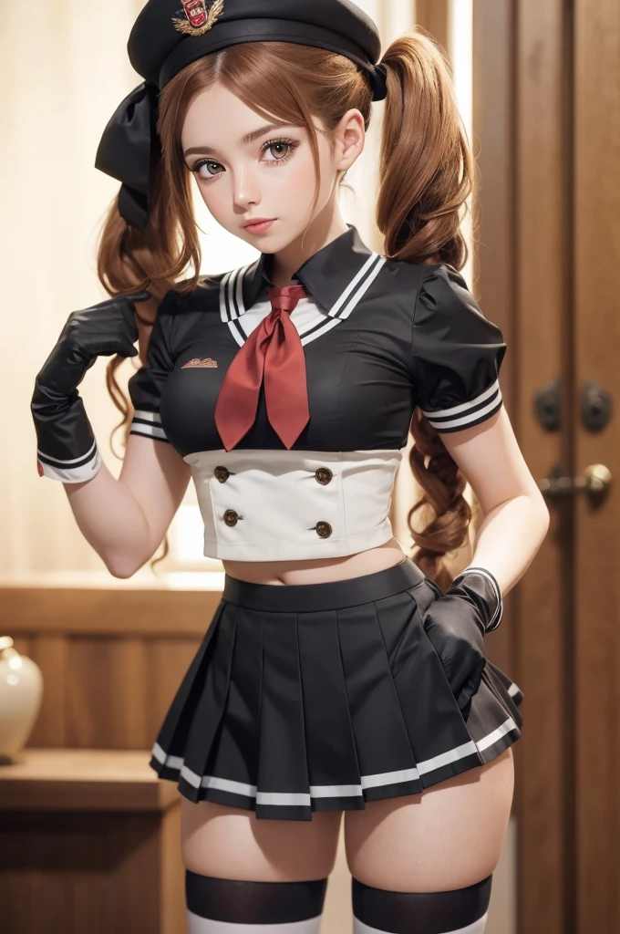 24 years old woman, Miranda, golden brown hair with two ponytails, pale skin , hat, serafuku, midriff, red neckerchief, pleated skirt, black gloves, black thighhighs, ttcolor, bokeh effect, . 