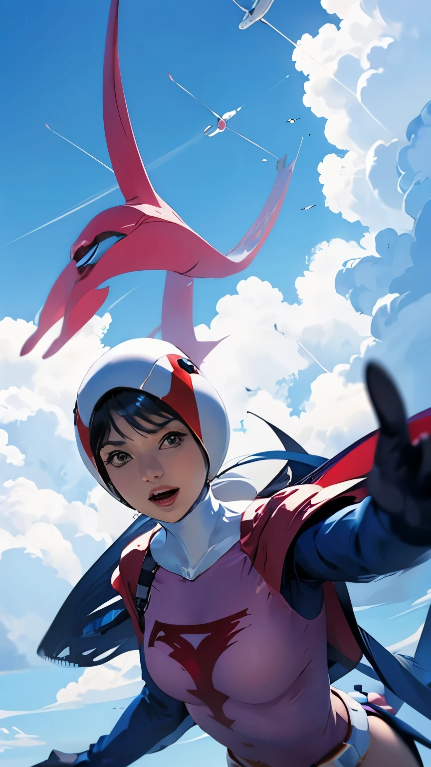 years_CLASSIC_Jun Gatchaman_Own Wife、Upper Body、Dynamic pose、sky diving、background、Future City。