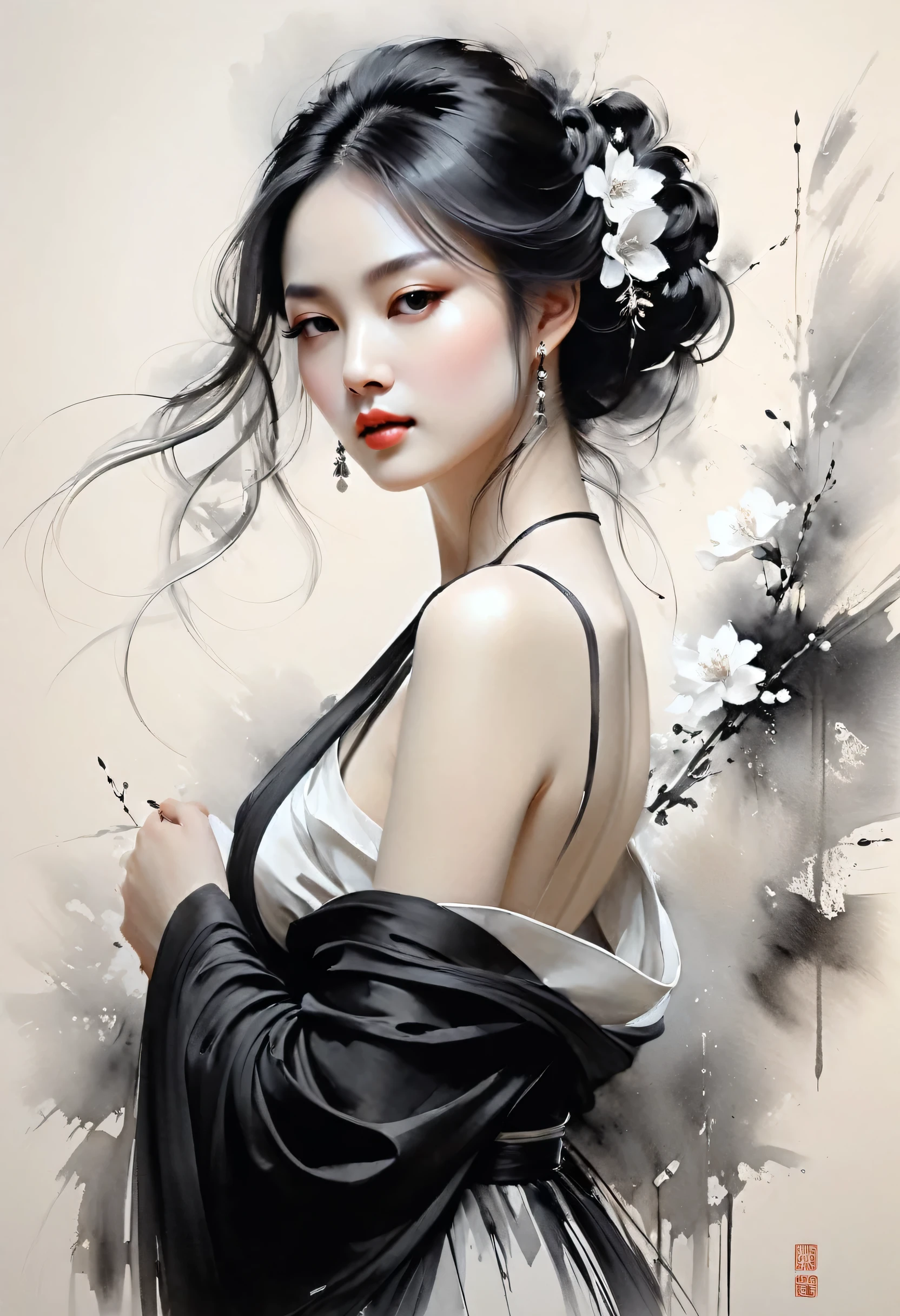 Elegant Maiden,black and white ink painting,loose brushwork,Pen outlines delicate lines,Fluid action,Subtle shades of paint,elegant posture,A peaceful expression,Delicate facial features,black andwhite,to clean