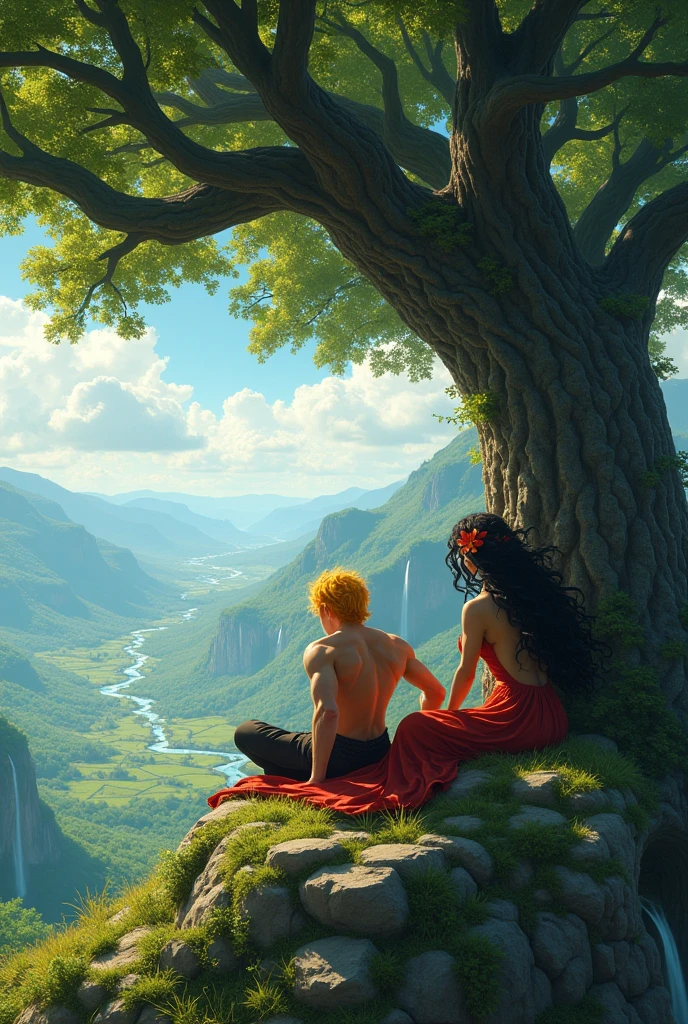 On top of a hill A Celt with very strong yellow straight hair big and sexy rests sitting under the tree. Further ahead of him A dark-haired girl, with a very attractive body and long curly hair that almost touches her feet , she is under the shade of a gigantic tree the size of Everest. The tree is on the highest mountain above the clouds almost in the sky, the view is stunning both of the landscape and the girl&#39;s beautiful body, her hair moves with the gentle breeze moves her long hair and the sun shines on her skin, She is extremely sexy and in her hair she has brightly colored flowers in her hair bow., Although she is short, she has a big ass and beautiful breasts, she admires the distant green fields and waterfalls full of life, sitting in the tree a man with yellow hair rests from a battle, 