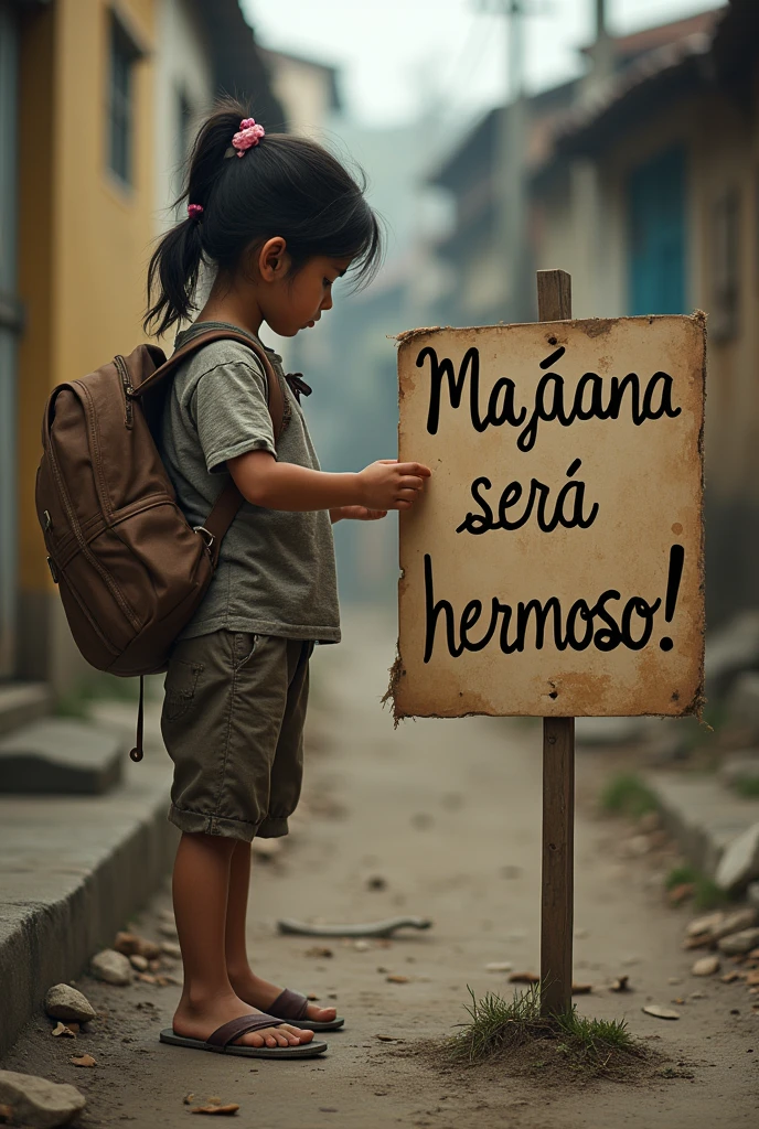 I want a poor girl reading a sign that says “Tomorrow will be beautiful” written in Spanish 
