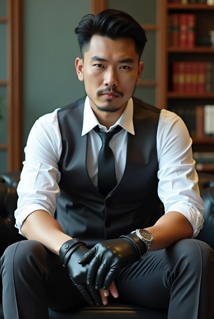 Chinese man 30 ayears old,daddy,"shiny ",wear white shirt, very glossy pants, necktie, waistcoat, shiny satin trousers,dark gray satin fabric ,Dad sitting a motobike,  k hd,in the office,"big muscle" ,black hair,asia face,masculine,strong man,the boss is,handsome,,leather gloves,lecherous dad,look straight ahead,dad is handsome,dad is handsome, dad is "big horny daddy",transparent shirt