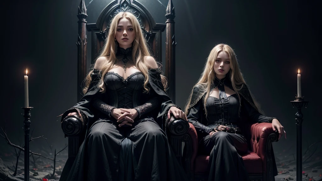 RAW Photos,black light, hair blonde, blonder woman, dark surroundings, Dark masterpiece, mulher fair brown-skinned, SITTING ON A THRONE, throne with thorns, black roses, woman in black dress, posing photo, long hair, hair blonde, black witchcraft, red geometric shiny background, full body size, Eastern fantasy theme, Eyes red, underworld, cold stare, Dark clothes, long and tight, fair brown-skinned, color classification, dark illustration, extreme quality, Radiant, extremely detaild, Face ultra detailed, ultra hd 8k, ultradigitality, mythical, black lightning, Conceital Art Portrait of Greg Rutkowski, artgerm, hyperdetailed, intricately detailed Gothic art, dark gothic fantasy style, triadic colors, Fantastic, intricate-detail, opening screen, colors complementary, fantasy concept art, 8K resolution, masterpiece of gothic deviantart, Heavy strokes, soft lighting, Surrealism