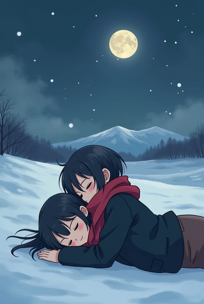 Anime girl and boy prone in snow together in snow add little bit greenland view girl wearing black coat and red muffler and boy wearing black jacket watching moon.boy face in simple little bit