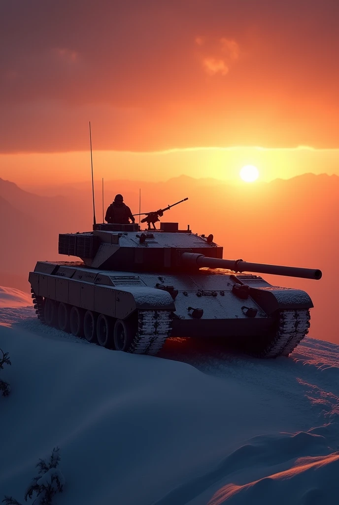 a silhouette picture of a Merkava tank on top of a snowy mountain watches the horizon at sunset, sun rays, some clouds, fog of war, vibrant, Ultra-high resolution, High Contrast, (masterpiece:1.5), highest quality, Best aesthetics), best details, best quality, highres, 16k, [ultra detailed], masterpiece, best quality, (extremely detailed)