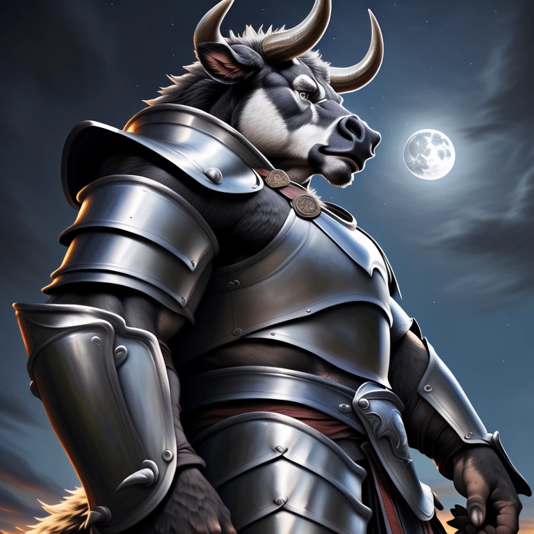 upload on e621, by allandox, anthro, male, (((detailed realistic painting, detailed fluffy fur))), extreme detail, ((bull, medium length horns, bovine tail, muscular)), ((stoic expression:1.3)), full moon background, full body perspective, ((confident pose:1.2, side perspective:1.2)), ((samurai armor, red and silver armor:1.4))