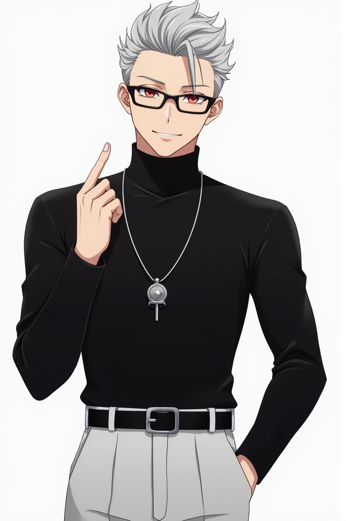 Center-parted gray hair(Silver Hair)、Two Block、Glasses、Red eyes、Black turtleneck、A silver whistle around his neck、White trousers、Black Belt、Charisma、25 year old handsome man、Pointing finger to the top right、Slender