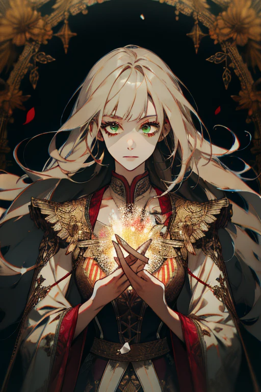(absurdres, highres, ultra detailed), 1girl, mature female, wavy blonde hair, long hair, blunt bangs, green eyes, pink dress, finely detailed eyes and detailed face, extremely detailed CG unity 8k wallpaper, intricate details, BREAK , kaleidoscopic imagery, symmetrical patterns, vibrant colors, geometric shapes, mesmerizing designs, optical illusions, dynamic composition BREAK , pantomime art, expressive body language, silent storytelling, evocative gestures, visual narratives, theatrical performances BREAK , blooming flowers, colorful petals, fragrant scents, nature's bounty, vibrant gardens, peaceful scenery