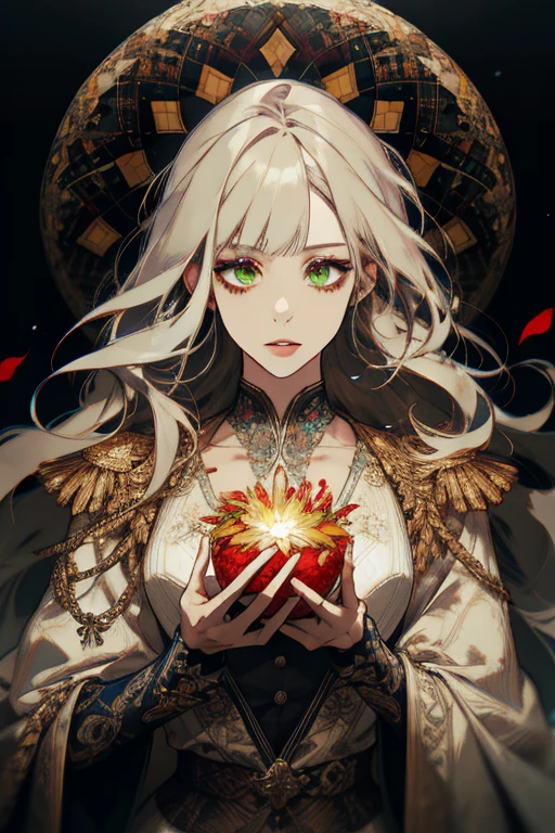 (absurdres, highres, ultra detailed), 1girl, mature female, wavy blonde hair, long hair, blunt bangs, green eyes, pink dress, finely detailed eyes and detailed face, extremely detailed CG unity 8k wallpaper, intricate details, BREAK , kaleidoscopic imagery, symmetrical patterns, vibrant colors, geometric shapes, mesmerizing designs, optical illusions, dynamic composition BREAK , pantomime art, expressive body language, silent storytelling, evocative gestures, visual narratives, theatrical performances BREAK , blooming flowers, colorful petals, fragrant scents, nature's bounty, vibrant gardens, peaceful scenery