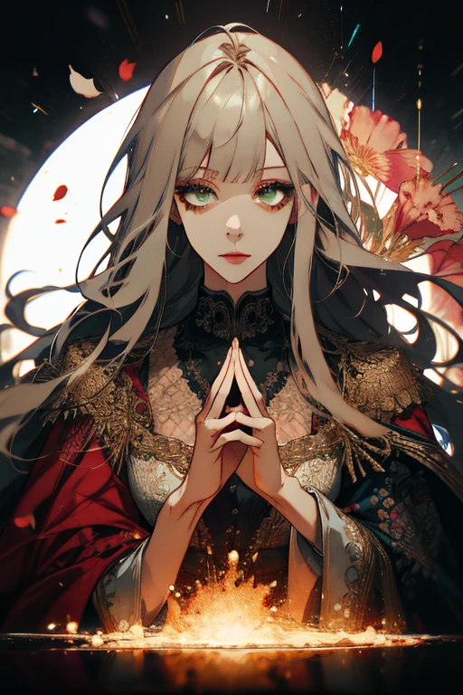 (absurdres, highres, ultra detailed), 1girl, mature female, wavy blonde hair, long hair, blunt bangs, green eyes, pink dress, finely detailed eyes and detailed face, extremely detailed CG unity 8k wallpaper, intricate details, BREAK , kaleidoscopic imagery, symmetrical patterns, vibrant colors, geometric shapes, mesmerizing designs, optical illusions, dynamic composition BREAK , pantomime art, expressive body language, silent storytelling, evocative gestures, visual narratives, theatrical performances BREAK , blooming flowers, colorful petals, fragrant scents, nature's bounty, vibrant gardens, peaceful scenery