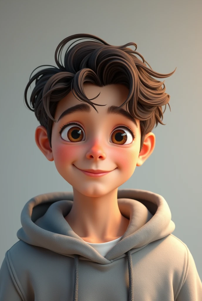 Realistic boy with brown hair and with brown eyes wearing grey hoodie