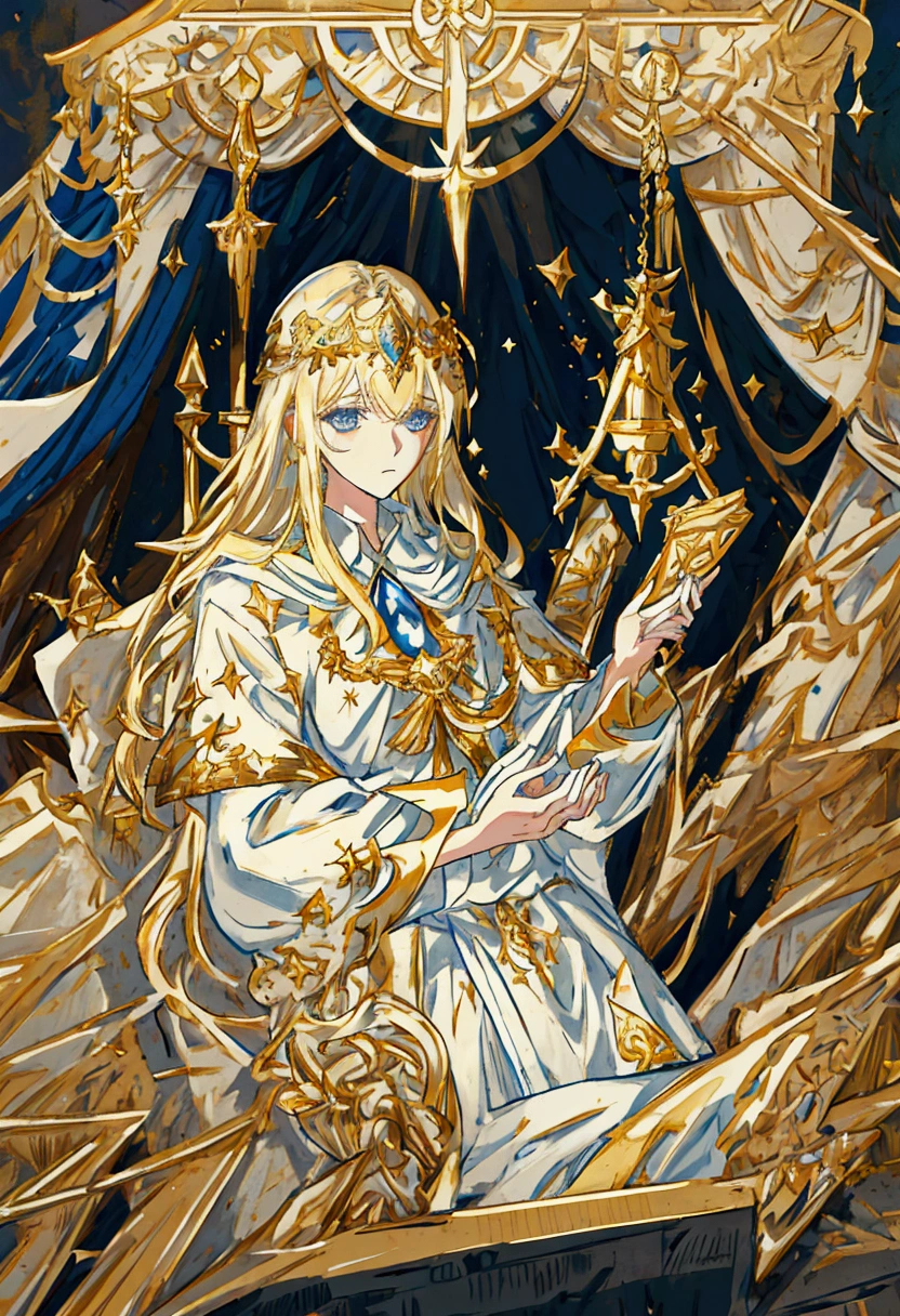 1 boy, throne, gilded clothing, white robes, 13 point star insignia, blonde hair, blue eyes, intense gaze, photorealistic, 8k, highly detailed, cinematic lighting, dramatic shadows, renaissance style, gold accents, luxurious textures, ornate details, epic fantasy, regal, powerful, commanding presence