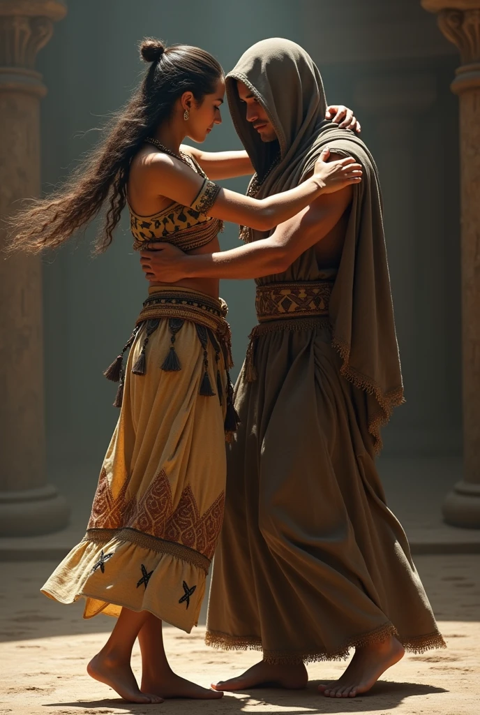 Create a dance couple with the following outfits, The woman has long hair and is wearing a top but with decorations from the past and bracelets as well, a long skirt with triangle decorations at the end, bare feet but with x decorations, I mean that it is an ancestor&#39;s clothing, The man with a long cloak covering his body
