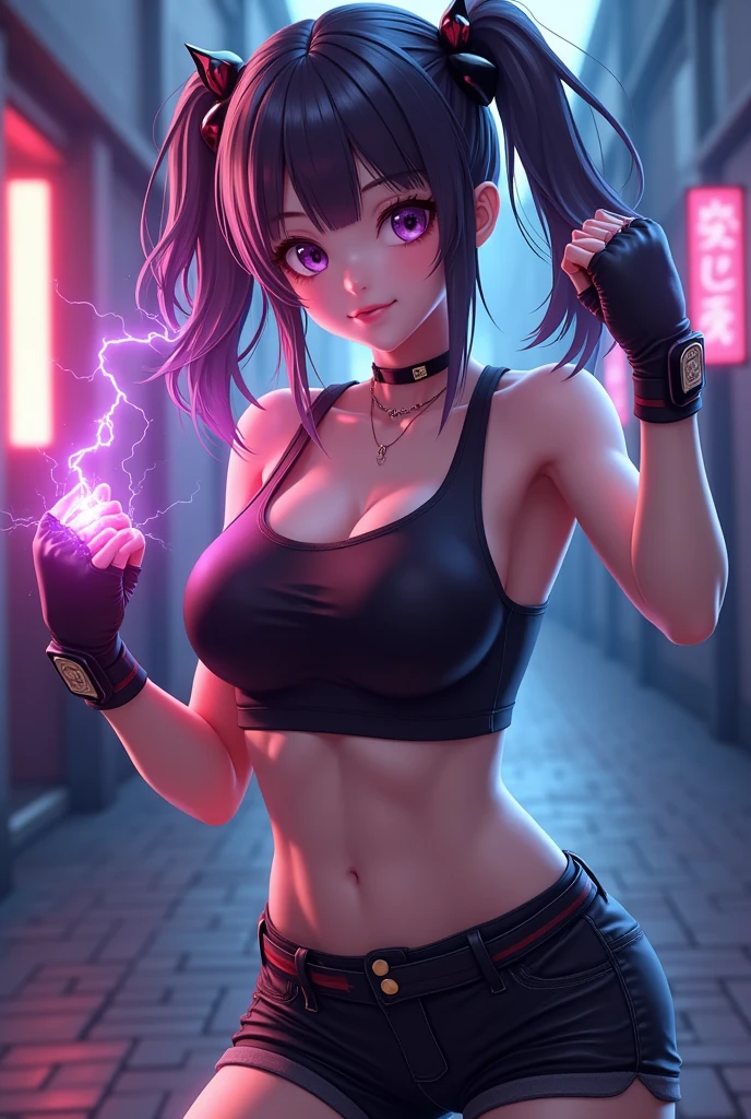 masterpiece, sexypose, Realistic, Very detailed, handsome body, Detailed body, Detailed hands, Detailed, Vibrants, Detailed Face, Reina's character design. Very detailed, Detailed body, Detailed hands, Detailed Face, anime art, extremely detailed CG unity 8k wallpaper, detailed light, Cinematic lighting, chromatic aberration, glittering, expressionless, epic composition, dark in the background, Very detailed, Detailed body, Vibrants, Detailed Face, sharp-focus, anime art, Vibrants, Detailed Face, Hugh Details, sharp-focus, Very drooping face, A detailed eye, super fine illustration, better shadow, finely detail, Beautiful detailed glow, Beautiful detailed, Extremely detailed, expressionless, epic composition, Presented at artstation, Octane Render, artstation hd, Cinematic, 4 thousand., hypermaximalist, elegant, japanese face, oriental japanese beauty face, best quality, reina, masterpiece, best quality, reina, masterpiece, best quality, reina, masterpiece, best quality, reina, masterpiece, best quality, reina, , masterpiece, best quality, reina, masterpiece, best quality, reina, purple eyes, multicolored hair, choker, bare shoulders, bare arms, large breasts, see-through, black shirt, black shorts, fingerless gloves, standing, fighting stance, pov, alleyway, grin, jabbing pose, uppercut pose, slim body, slimmer, proportional body, electric on fist