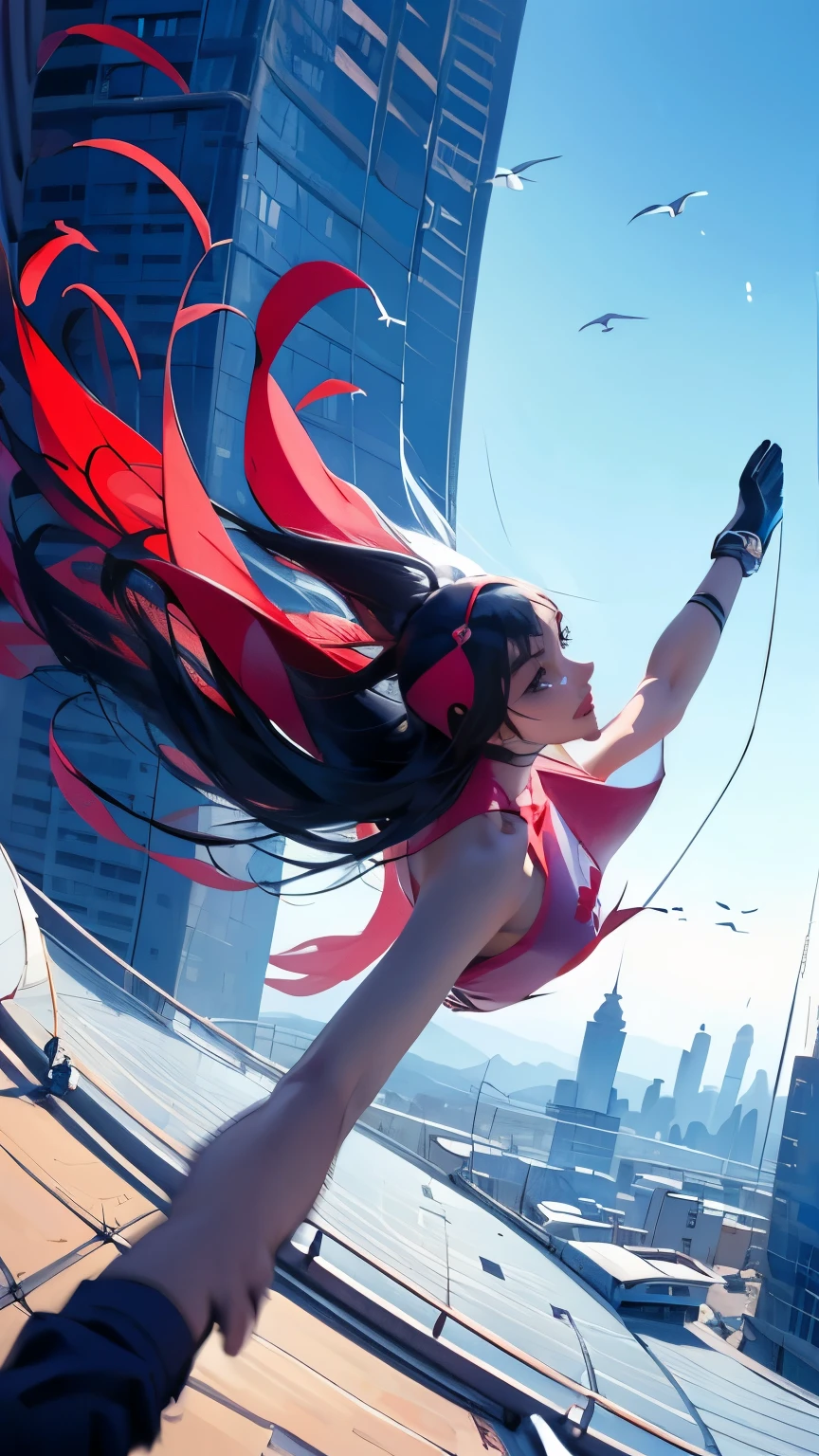 years_CLASSIC_Jun Gatchaman_Own Wife、Upper Body、Dynamic pose、sky diving、background、Future City。Masterpiece、Highest quality