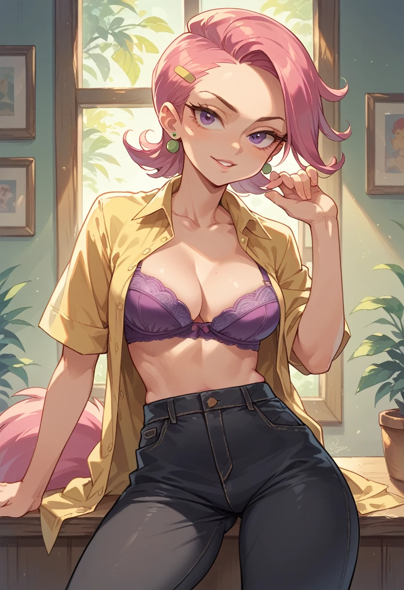 Wanda de fairly oddparents, pink fur, yellow blouse, purple bra, black pants unbuttoned, in a child&#39;s room , annoyed, big breasts, sexy purple panties, drops his pants to the floor, his pants down, blushing, his pants slide down one leg, bare chest,  POV I lowered his pants, magic dust on the floor, a star-tipped wand in his hand, She wears a small crown floating on her head, fairy wings, human ears, purple blouse raised. 