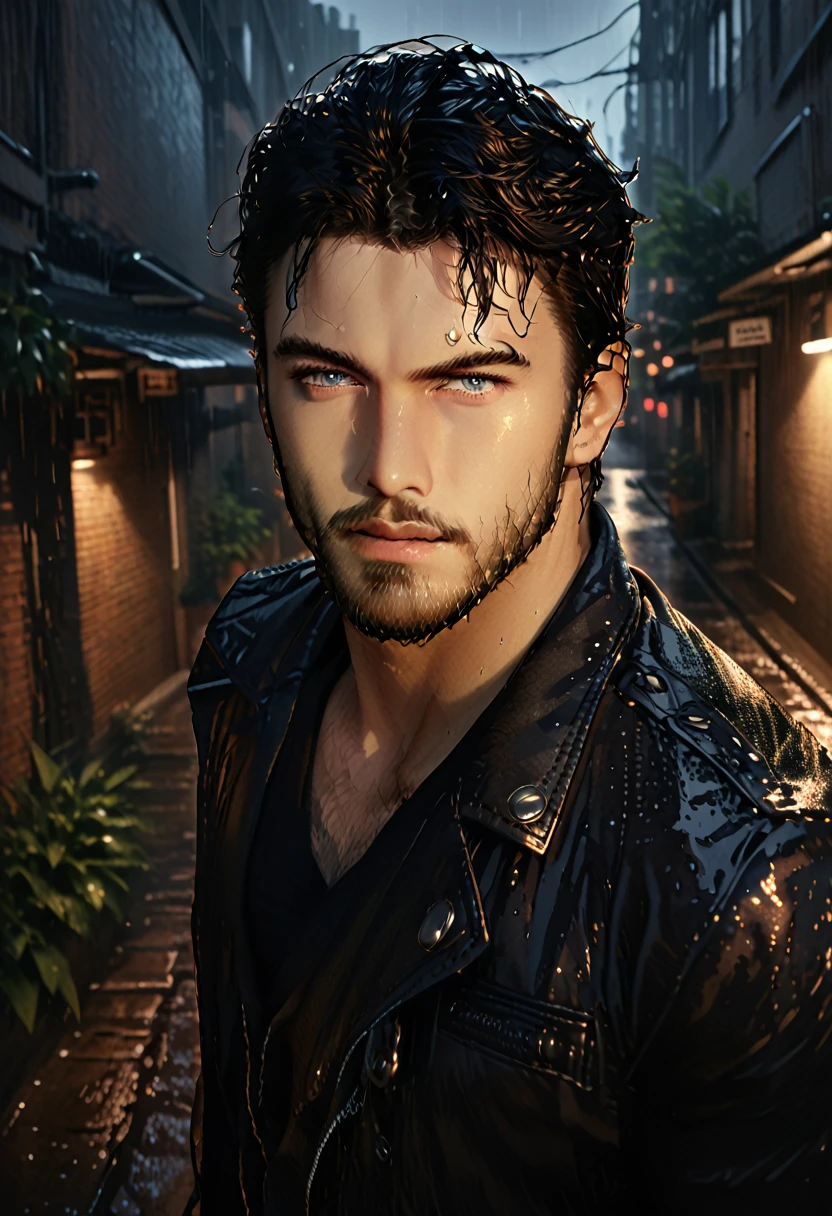 a muscular hairy bearded man with piercing eyes and a furrowed brow, standing in a dim-lit rainy alley at night, dramatic cinematic lighting, dark moody atmosphere, detailed shadows