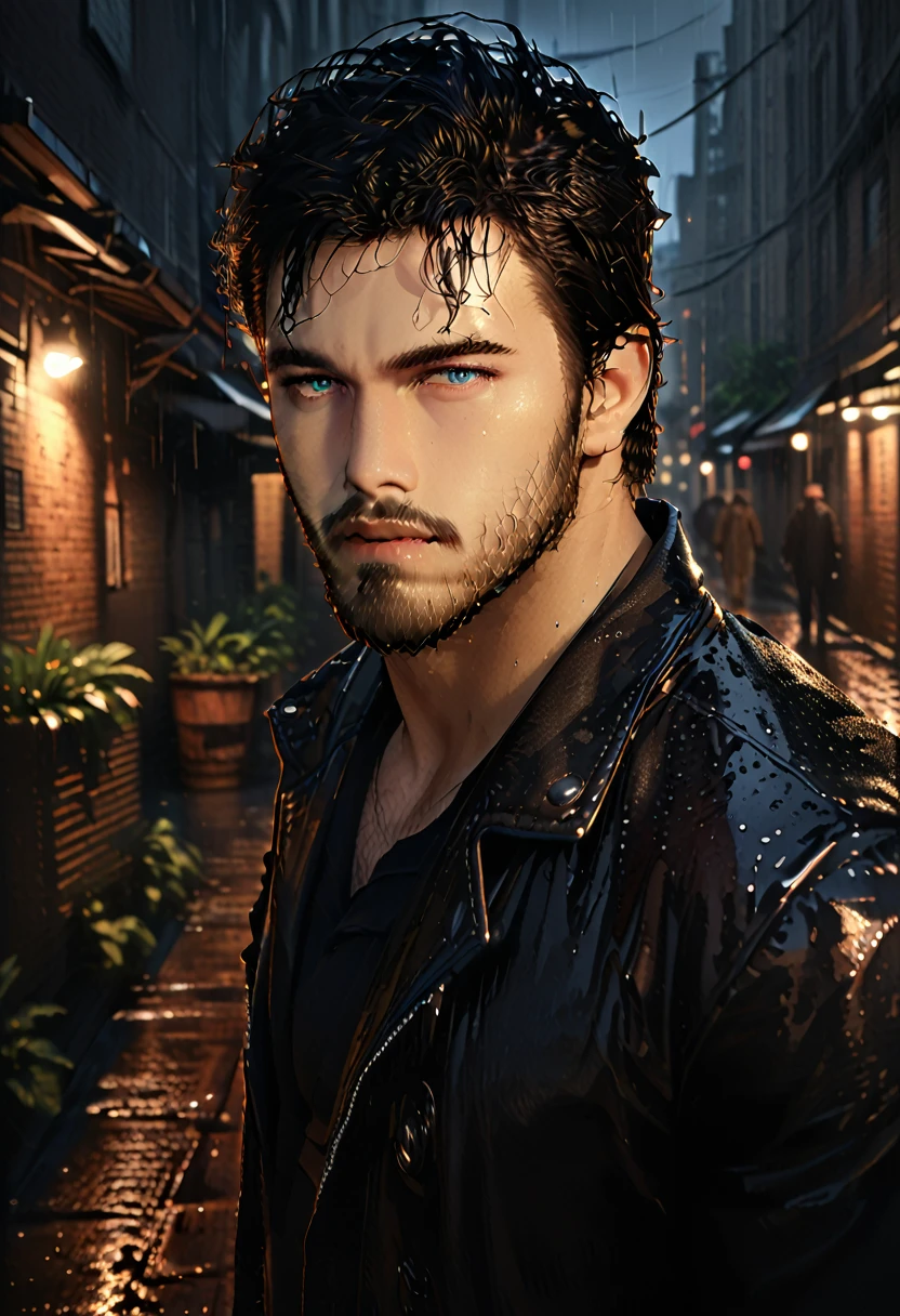 a muscular hairy bearded man with piercing eyes and a furrowed brow, standing in a dim-lit rainy alley at night, dramatic cinematic lighting, dark moody atmosphere, detailed shadows