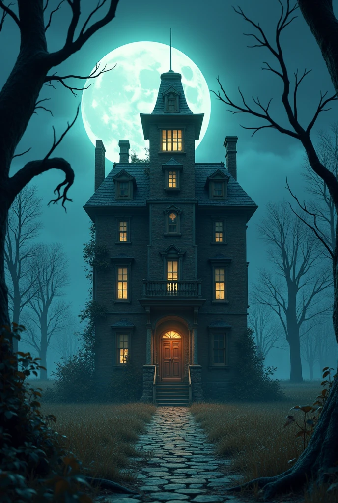 Create cinematic 3d cartoon style"
A dilapidated old mansion stands eerily silent under a moonlit sky."