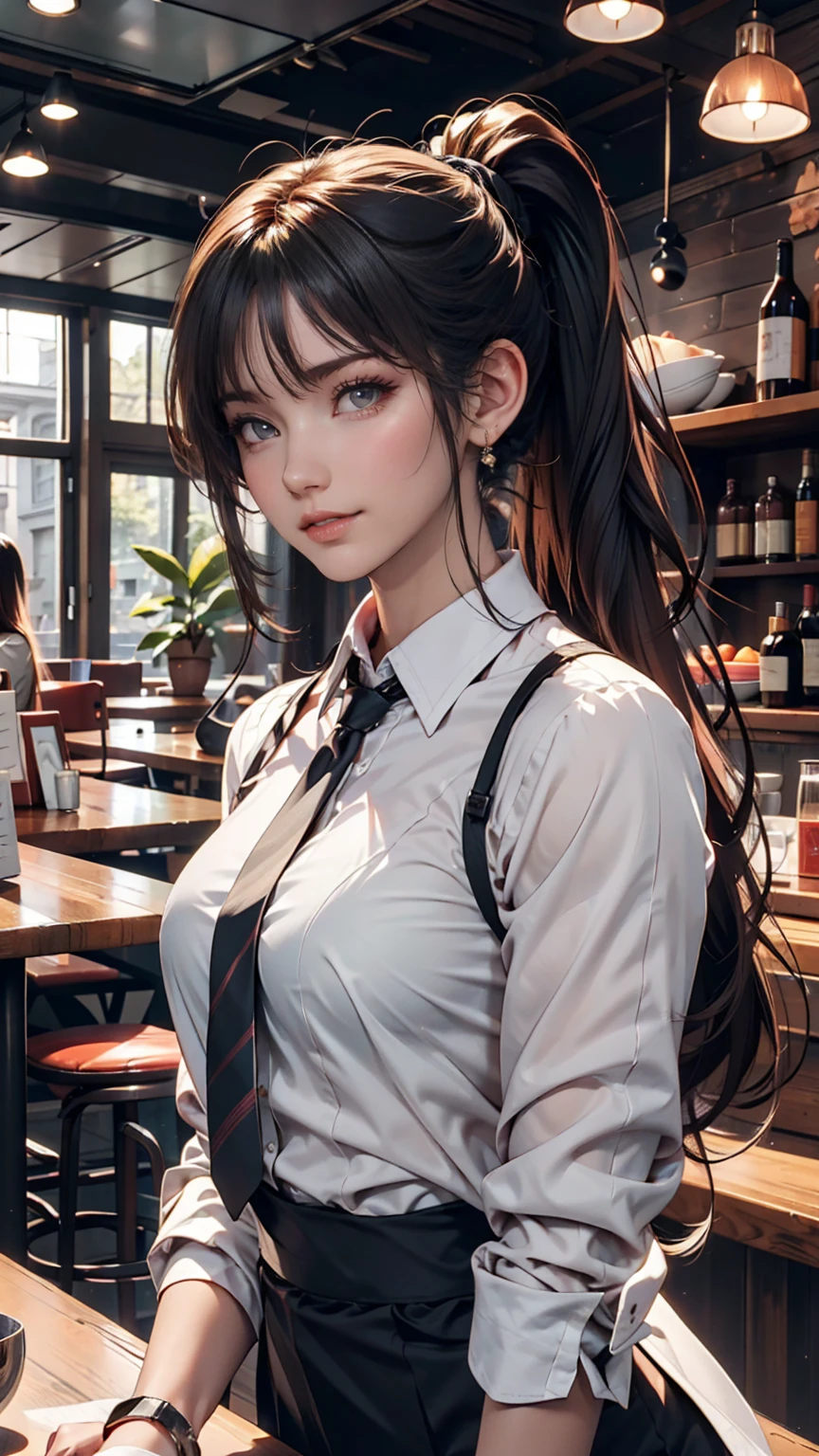 girl, Black Hair, sister, Tie your hair into a ponytail、Smile at the speaker, High-quality images, masterpiece, beautiful girl, Cafe,