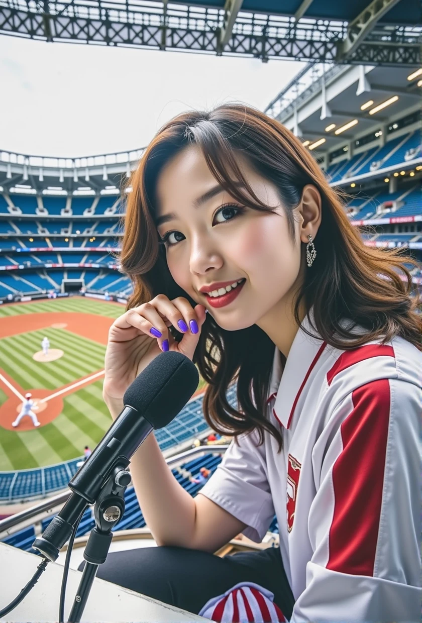A poster promoting a JAV video featuring photos, realistic images, and a female announcer at a Japanese baseball stadium. In the center, the words "Active Stadium Announcer Makes Shocking AV Debut" are written in large letters.