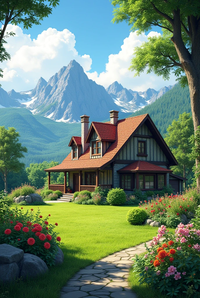 This charming house, nestled amidst a picturesque garden, offers a serene retreat with breathtaking mountain views in the background. The well-maintained garden features vibrant flowers and lush greenery, creating a tranquil atmosphere perfect for relaxation. The architectural design of the house complements its natural surroundings, making it an ideal sanctuary for those seeking both comfort and beauty in a scenic landscape.