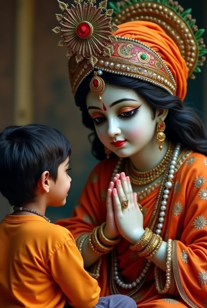 closeup portrait of radha & krishna, two thirds view, hyper realistic photograph, detailed face, boy sitting in front and praying write name on cloth - govind