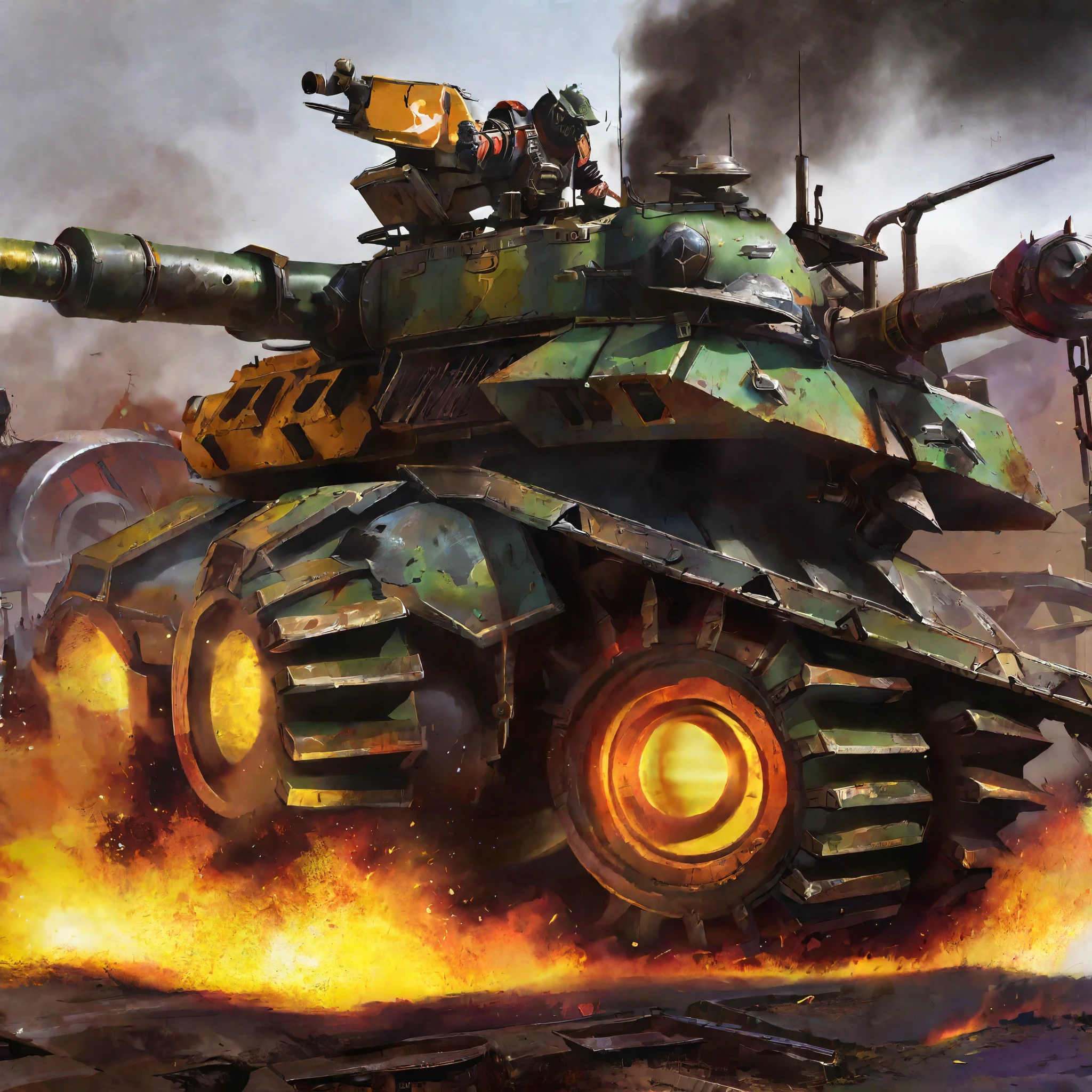 a heavily armored Ork tank, scrap metal, made of junk, insane paint job, 2 huge turrets, flames shooting out exhaust, painting of Mork, Warhammer 40k, post-apocalyptic, war-torn planet, dystopian, gritty, weathered, battle-scarred, weathered metal, battle-damaged, rust, grime, weathered, battle-worn, high detail, highly detailed, realistic, cinematic, dramatic lighting, moody, dark, intense, gritty, atmospheric