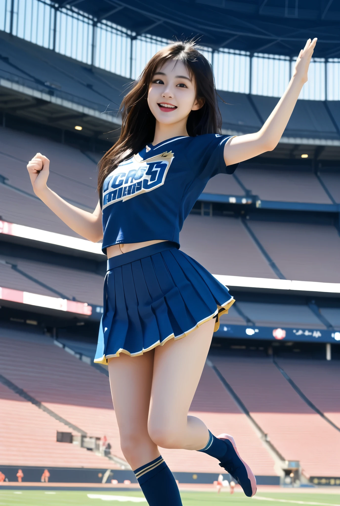 masterpiece、Highest quality、Detailed face、Japanese women、Woman in her 20s、Stadium、Cheerleader、Dynamic pose、Skirt flips、Jump