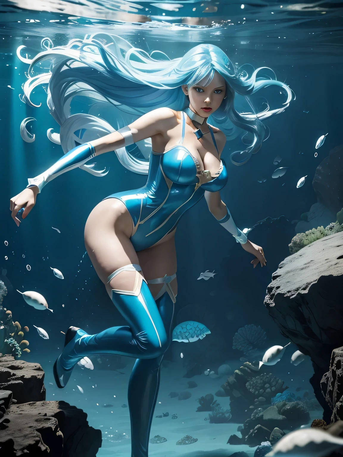 superheroine, long long gorgeous light blue hair, slender body, latex, leotard, blue and white costume, battles, bravery, (cool action), (fighting pose), choker, under water, hair swaying, in deep undersea