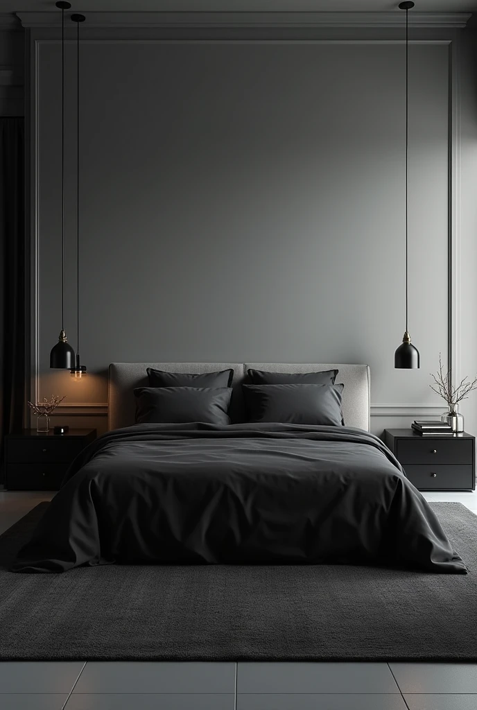 Generates an image of a small bedroom containing a king-size bed, Black backing, two black nightstands, one on each side of the bed, and the light grey background wall