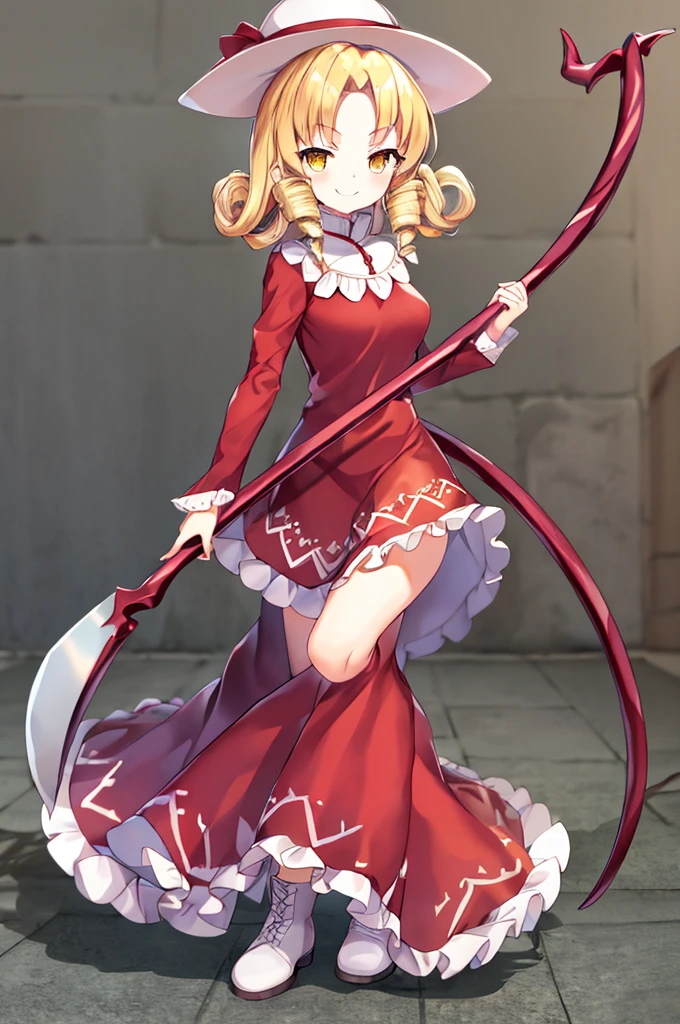 a drawing of an anime character in a red dress and boots with a large scythe, ((high end)), (UHD picture), (best quality,4k,8k,highres,masterpiece:1.2), top-quality(​masterpiece), top-quality, ultra-detailed, highly detailed texture, intricate details, high quality textures, masterpiece, best quality, perfect quality, perfect anatomy, perfect body, perfect symmetrical face, perfect hands, perfect feet, (two arms:1.2), (two legs:1.2), (five fingers each:1.2), (perfect joint:1.2), perfect joint movement, precise fingers and hands, 1 beautiful girl, 1 girl, alone, solo, , 10 years old, (((loli))), ((childish)), hat, white hat, blonde hair, long hair, parted bangs, drill hair, well-formed face, yellow eyes, maxi dress, red dress, dress, long sleeves, frills, long skirt, simple background, scythe, holding scythe, holding, white socks, smile, cute face, beautiful, holding scythe