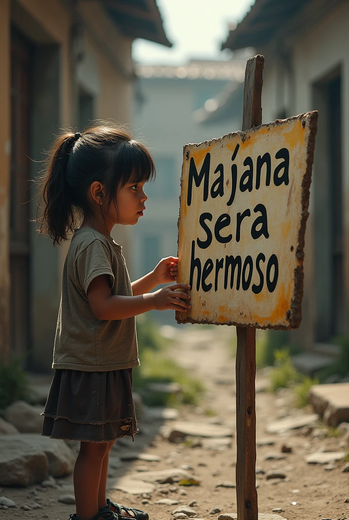I want a poor girl reading a sign that says “Tomorrow will be beautiful” written in Spanish
