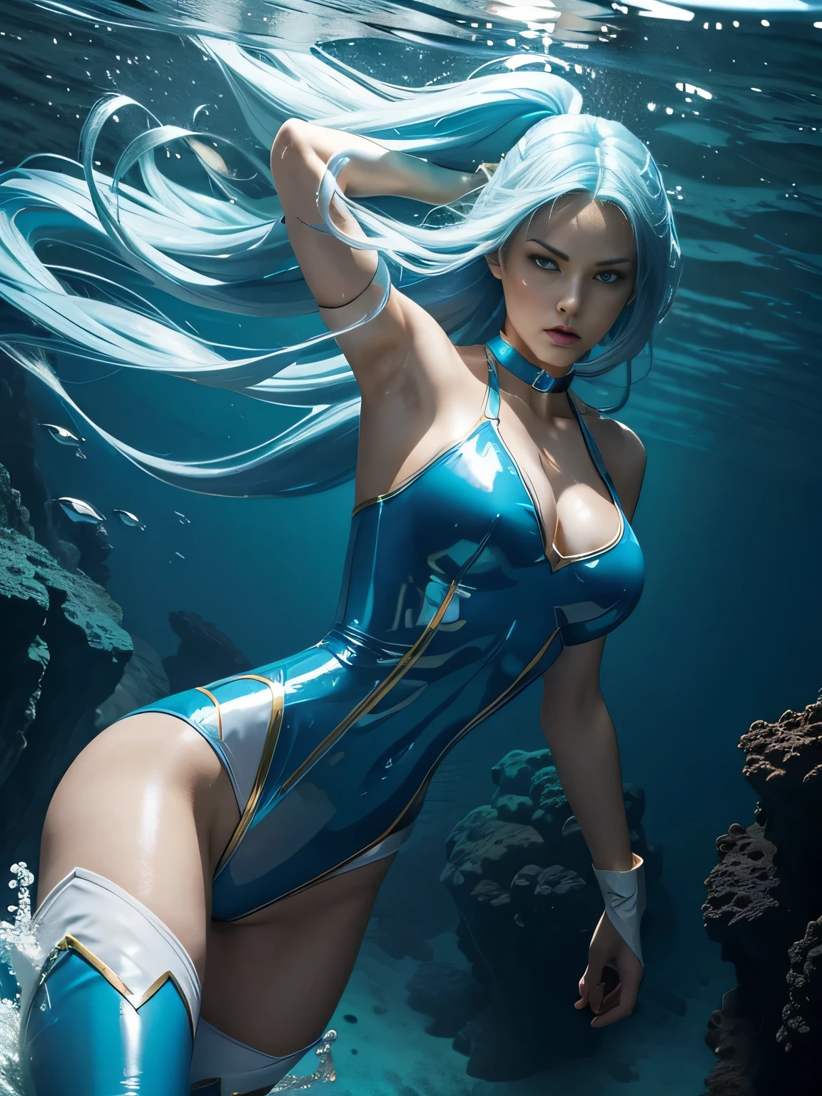 superheroine, long long gorgeous light blue hair, slender body, latex, leotard, blue and white costume, battles, bravery, (cool action), (fighting pose), choker, under water, hair swaying, in deep undersea