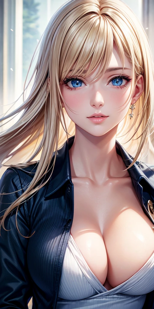 Real human skin,Glossy Photo, Realistic, blue eyes, Blonde, Large Breasts, 4K resolution, High quality CG, Beautiful CG, Soft Light, nsfw