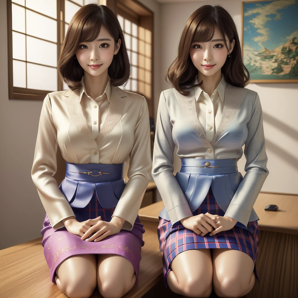 (best quality, masterpiece:1.5), (ultra-detailed, realistic:1.37),4K,(2woman:1.5),japanese,cute,beautiful,(silk office uniform:1.2),(skirt:1.2),,(seiza),(big breast),(see through blouse),(bra),smile,