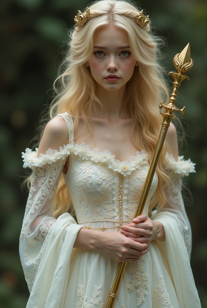 Design a young woman, about 20 years old, slim, with white skin, blond hair, gold eyes, wearing a white Victorian style dress carrying a golden staff