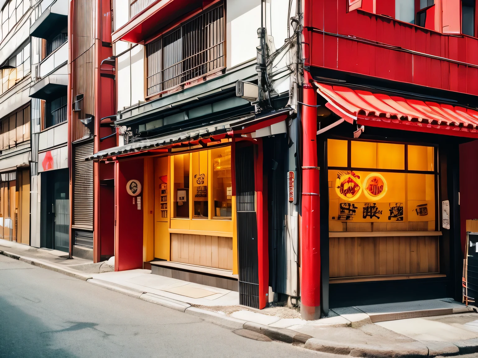 Japan Ramen shop Storefront Exterior Sunny Red curtain Light yellow wall Old building Ramen shop in the middle