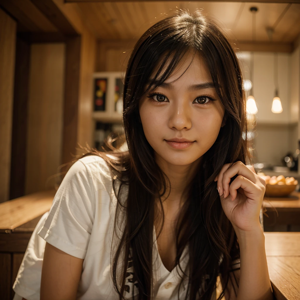 Portrait, girl, young, Asian appearance, long hair, amber eyes,realistic, small nose, dimples,