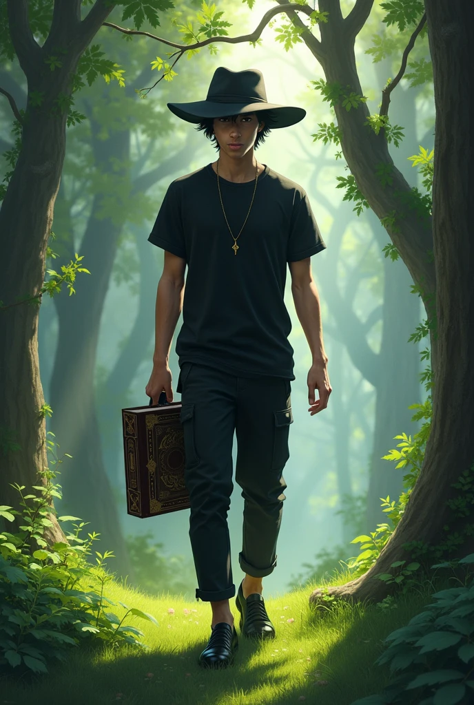 Young man with black taran hat, black t-shirt, black pants, black dress shoes and a grimoire in a forest with grass and many trees