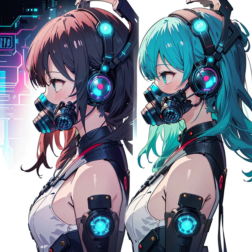 One girl,(((Highest quality、masterpiece、Official Art、Very detailed、Anime Style、Best dynamic composition、profile、Perfect Anatomy)))、 Headphones,Cyberpunk Cool clothes with vibrant cyan patterns, Vibrant colors, neon, White Background、gas mask、
