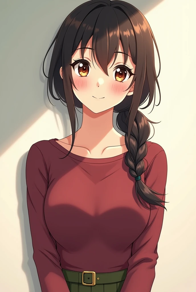 Anime Japanese College student Beauty Blush Positive expression Maroon clothes and olive green belt