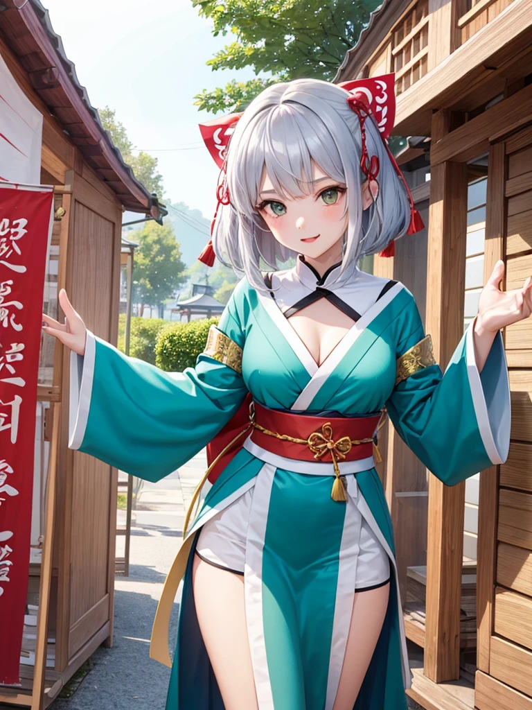 Two beautiful girls、Shrine maiden、Shrine maiden服、Kagura dance、dedication、shrine、Silver Hair、Jade green eyes、Perfect figure、Ergonomic body shape、Do not put your legs out