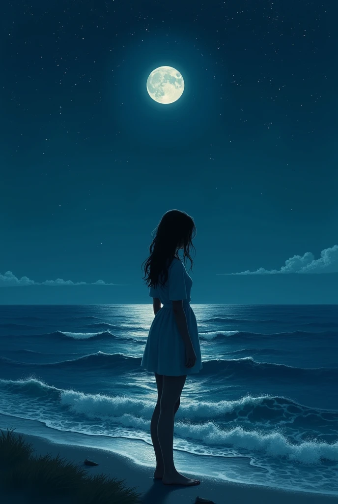 A woman with her back turned looking at the sea on the beach with a starry sky at night. Lonely accompanied by the moon