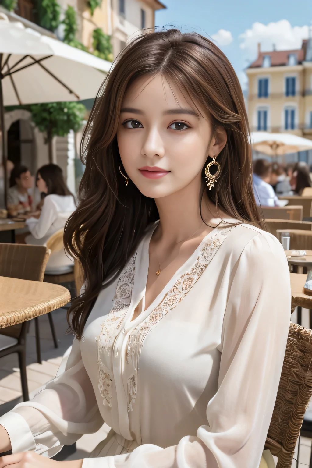 masterpiece, Highest quality, Realistic, Very detailed, Finer details, High resolution, 8k wallpaper, One beautiful woman,Wear a nice blouse, On the terrace of a lovely cafe, at noon, Light brown messy hair, Perfect dynamic composition, Beautiful and beautiful eyes、Big earrings、
