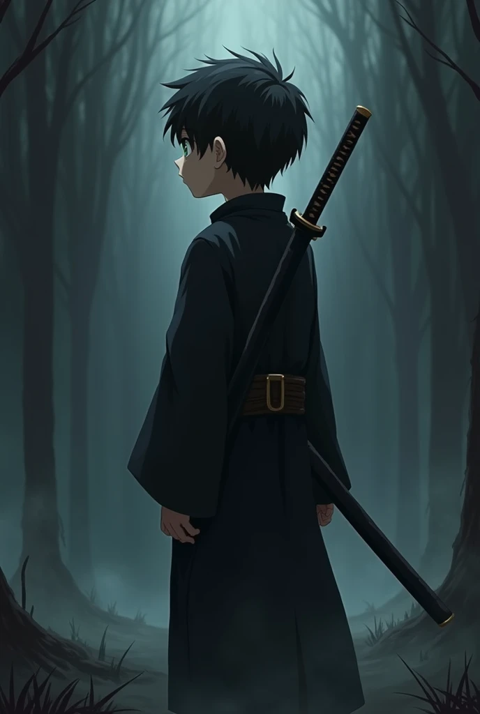 A boy of about who is facing away and has a single katana in his back and the boy has black hair and green eyes and is wearing a black swordsman's clothing and more or less part of his face can be seen.