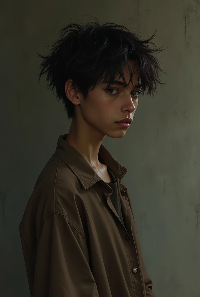 Weak and dark skinned 19 year old boy with slim body and brown clothes and black hair, and small ass